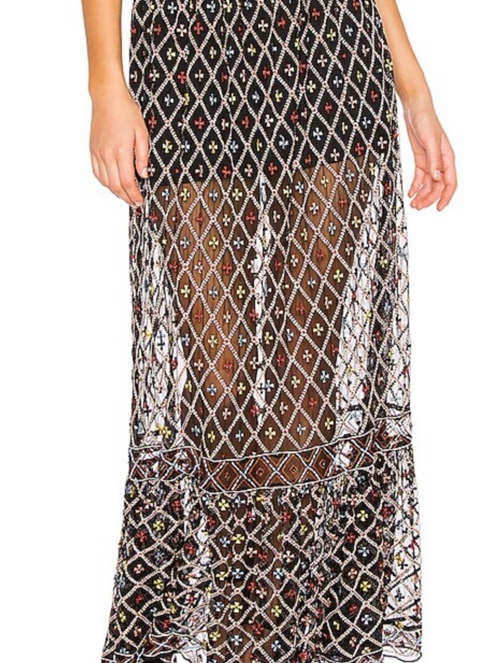 Tularosa Black Tiered Maxi Skirt with Multicolor Diamond Print